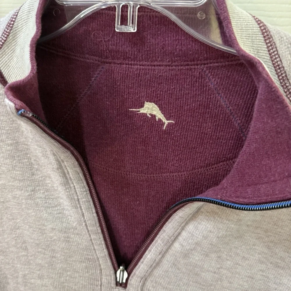 Tommy Bahama Sweater Mens Large Preppy‎ Logo Plum Gray 1/4 Zip Reversible